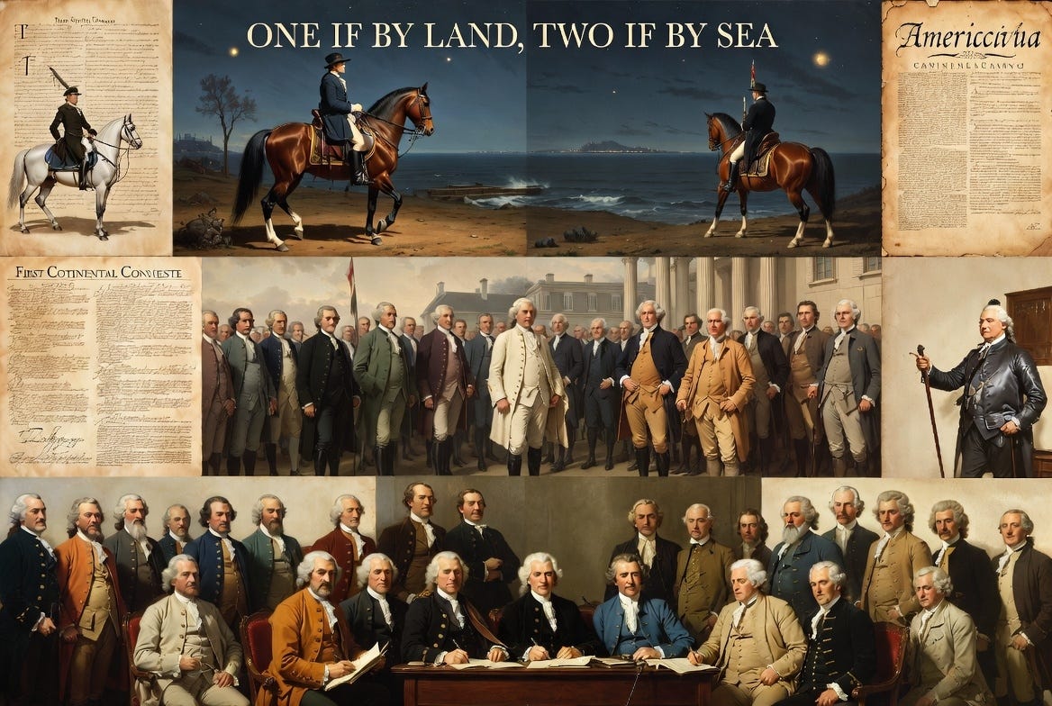 A collage of American Revolution paintings, including Paul Revere’s ride under the words “One if by land, two if by sea” and the signers of the Declaration of Independence.
