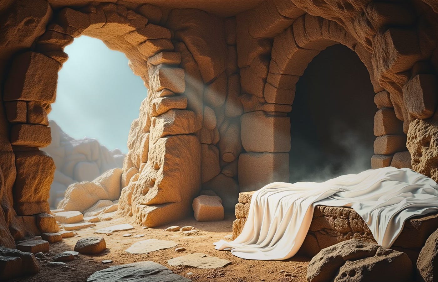 Sunlight falls into an empty stone tomb, where a white cloth lies on a stone ledge.