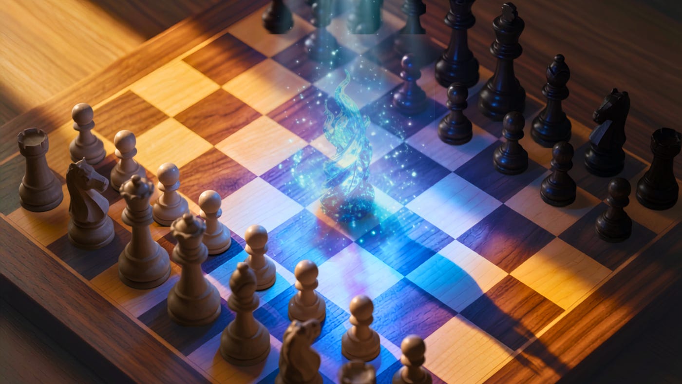 Chess pieces stand on a wooden chessboard in warm light, with a glowing blue shape rising from the center squares.