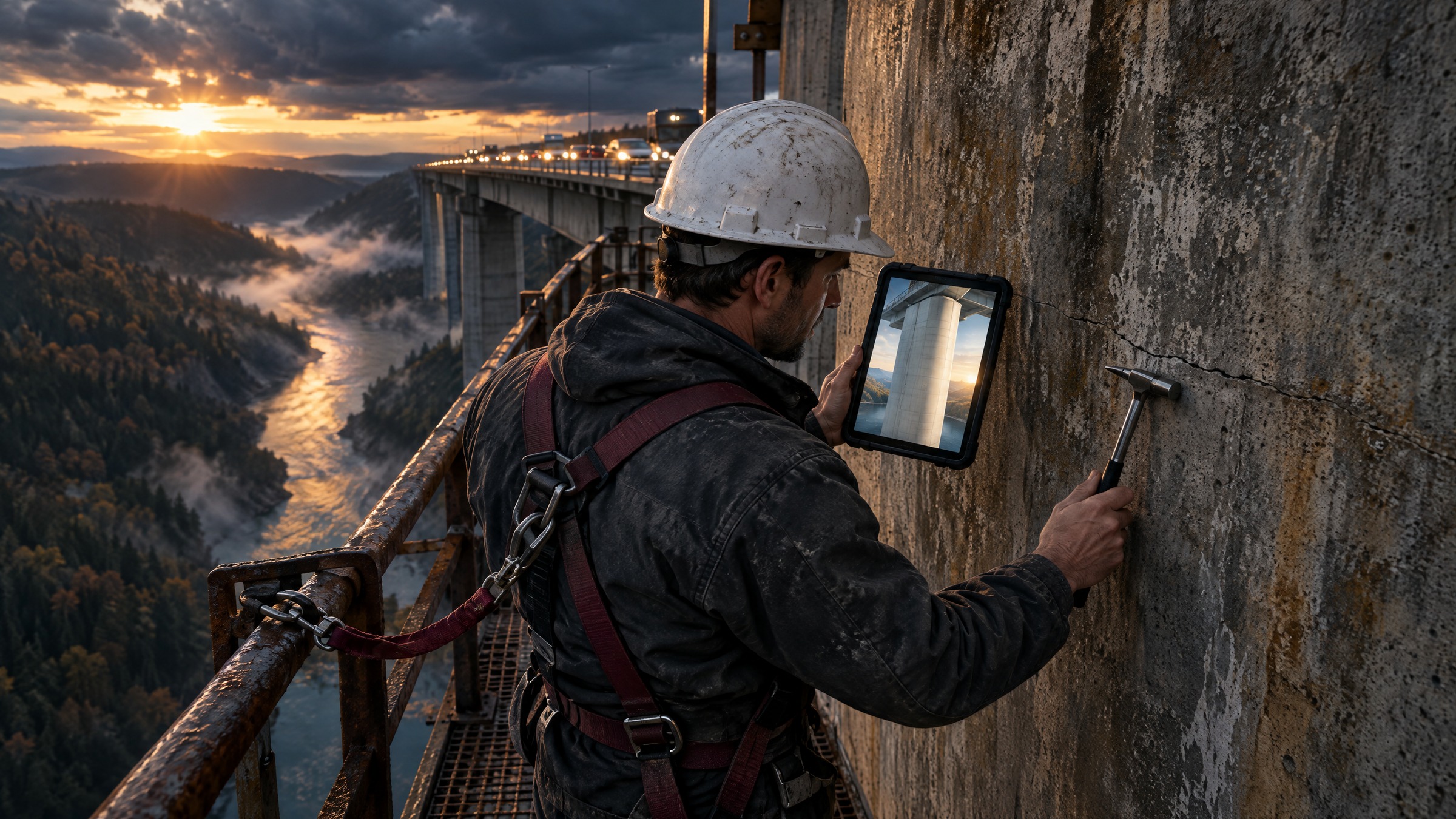 A bridge inspector in a hard hat and safety harness taps a cracked concrete pier with a hammer while holding a tablet, high above a river gorge at sunset.